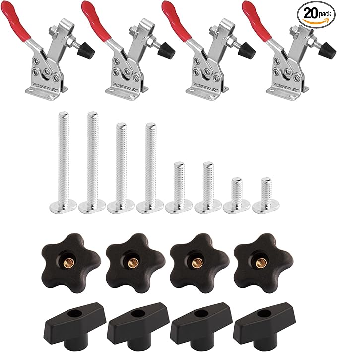 POWERTEC Toggle Clamp and T Track Knob Kit Woodworking Tools for T Track | 4PK, 300 lbs Holding Capacity, 201B Quick Release Horizontal Clamps & Set of 16 T Track Bolts and knobs (72116)