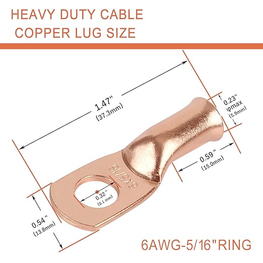 10pcs 6 AWG-5/16”(M8) Ring Terminals 6 Gauge Copper Wire Lugs Battery Cable Ends Heavy Duty Battery Cable Terminal Connectors