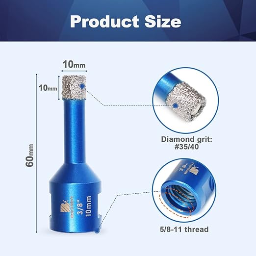 3/8 Inch Diamond Core Drill Bit for Porcelain Tile Ceramic Marble Granite Drilling,BRSCHNITT 2pcs Vacuum Brazed Diamond Hole Saw with 5/8-11 Thread (10mm 2pcs)