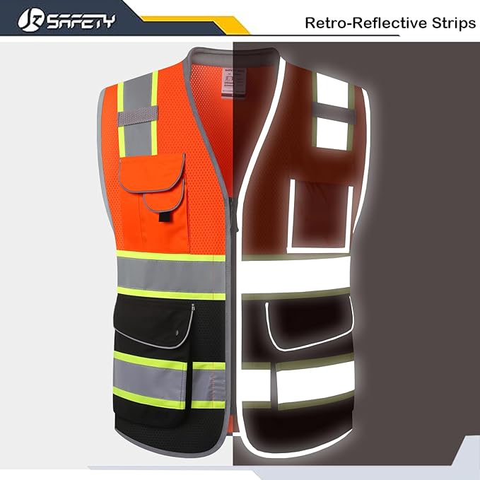 JKSafety 9 Pockets Hi-Vis Safety Vest High Visibility Reflecitive Mesh Safety Vests for Men and Women Cushioned Collar Work Utility PPE Work Gear ANSI/ISEA compliant Class 2 (101-OBlk M)