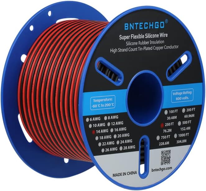 BNTECHGO 14 Gauge Flexible 2 Conductor Parallel Silicone Wire Spool Red Black High Resistant 200 deg C 600V for Single Color LED Strip Extension Cable Cord,Model,250ft Stranded Tinned Copper Wire