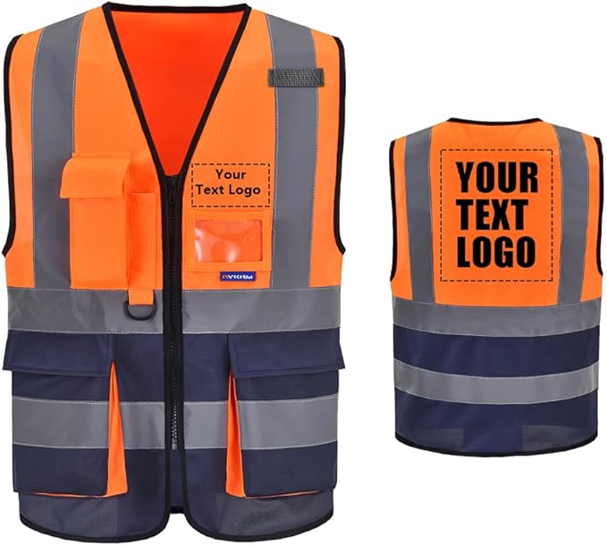 A-SAFETY High Visibility Safety Vest with 4 Reflective Strips 7 Pockets,Orange&Navy X-Small