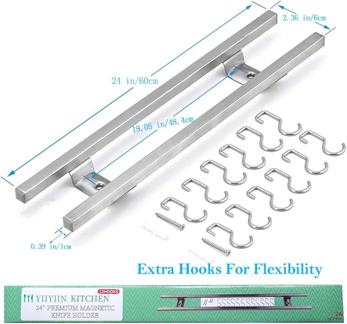 24-Inch Magnetic Knife Holder for Wall – 304 Stainless Steel Knife Strip with 12 Hooks – Magnetic Knife & Utensil Rack
