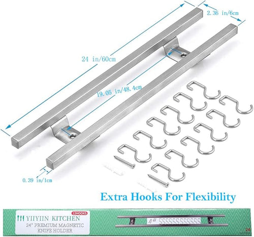 24-Inch Magnetic Knife Holder for Wall – 304 Stainless Steel Knife Strip with 12 Hooks – Magnetic Knife & Utensil Rack