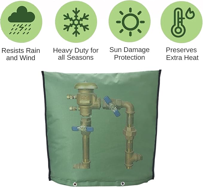 Outdoor Backflow Preventer Insulation Cover，Insulated Pouch for Winter Pipe Freeze Protection Sprinkler Valves in Snow or Sun Exposure, Waterproof Sprinkler Valve System Cover (30" W x 26" H,Green)
