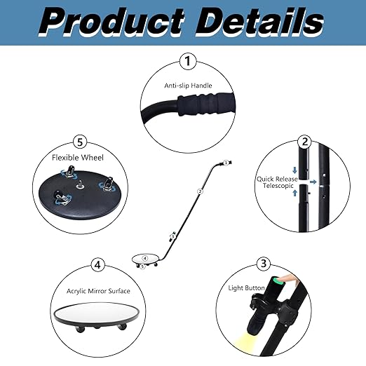 Under Vehicle Inspection Mirror, 12 inch Inspection Mirror with Wheels and LED Light,Handheld Inspection Mirror for Entry Security, Parking lot Security, auto Maintenance