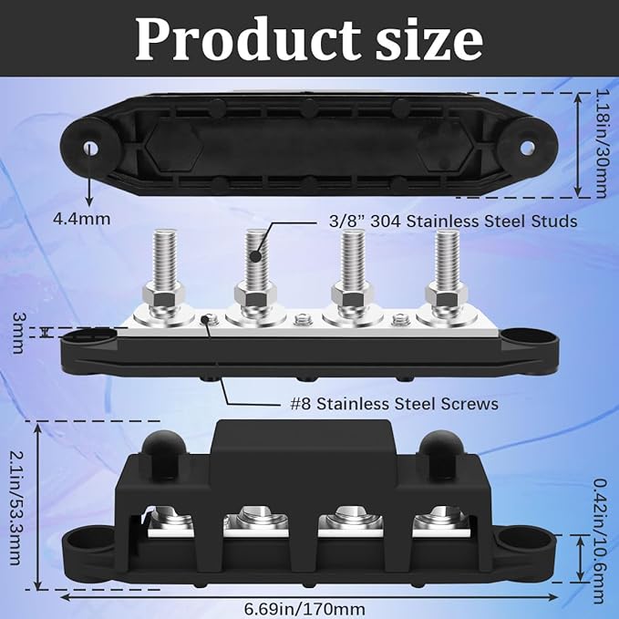 250A 12V Bus Bar Marine Power Distribution Block with Cover with 4 x 3/8”Post 3 x #8 Screws Terminals,Battery Bus Bar (Pair,Red & Black),Automotive Busbars 12 Volt for Car Boat Solar Wiring