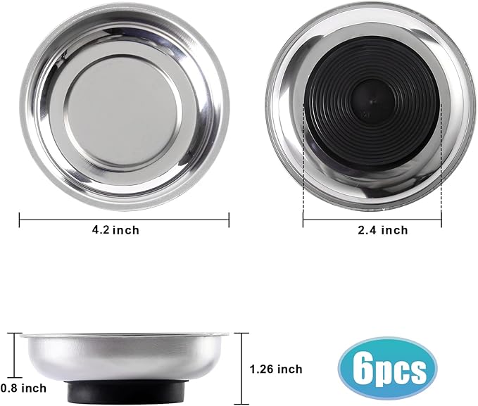 6 Pieces 4.2” Round Magnetic Bowl Trays Set Stainless Steel Magnet Tool Tray Parts Holder for Screws, Sockets, Bolts, Pins, Mechanic's and Automotive