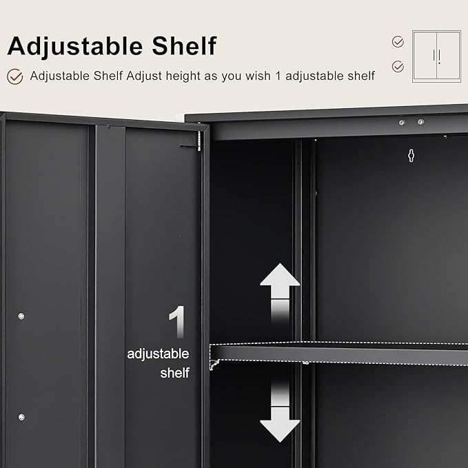 Metal Wall Cabinet,Garage Wall Cabinet with Handle,Lockable Storage Cabinets Wall Mounted with 2 Doors,Locking Cabinet with Shelves for Basement,Living Home,Black