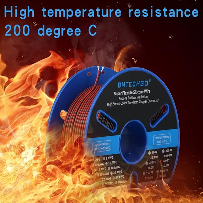 BNTECHGO 22 Gauge Flexible 2 Conductor Parallel Silicone Wire Spool Red Black High Resistant 200 deg C 600V for Single Color LED Strip Extension Cable Cord,Model,500ft Stranded Tinned Copper Wire