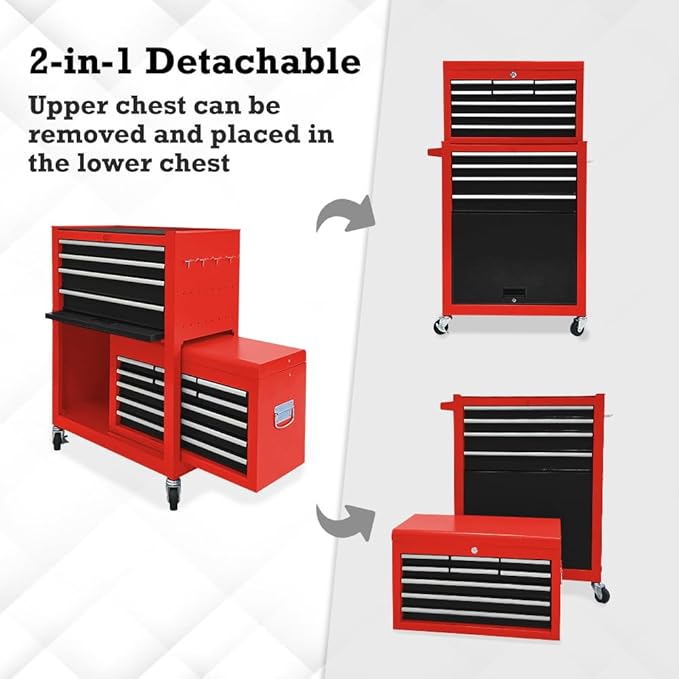 Kirmoasl 13-Drawer Rolling Tool Chest,Large Tool Chest with Wheels,2 in 1 Detachable Tool Chests,Portable Tool Storage,Locking Mechanic Tool Box for Warehouse,Garage (Red&Black)