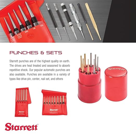 Starrett Drive Pin Punch Set with Knurled Grip and Round Red Plastic Box - 4" Length, 1/16", 3/32", 1/8", 5/32", 3/16", 7/32", 1/4", 5/16" Punch Diameter - Set of 8 - S565WB