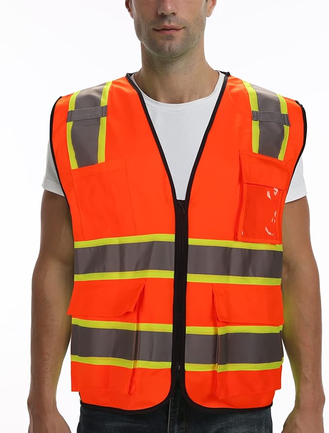 9 Pockets High visibility Class 2 Safety Vest，Hi Vis Vest with 2 inch wide Reflective Strips security vest with Zipper construction work vest for men &women Orange，Medium