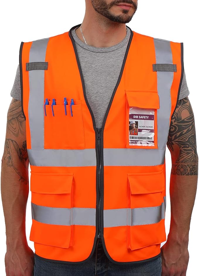 Dib Safety Vest Reflective ANSI Class 2, High Visibility Vest with Pockets and Zipper, Construction Work Vest Hi Vis Orange 4XL