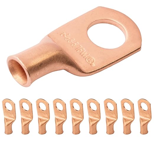 SELTERM 10pcs 8 AWG - 5/16" Stud (Wide Pad) - Battery Lugs, Heavy Duty Wire Lugs, Ring Terminals, Battery Cable Ends,8 Gauge Terminals, UL Bare Copper Eyelets Electrical Battery Terminal Connectors