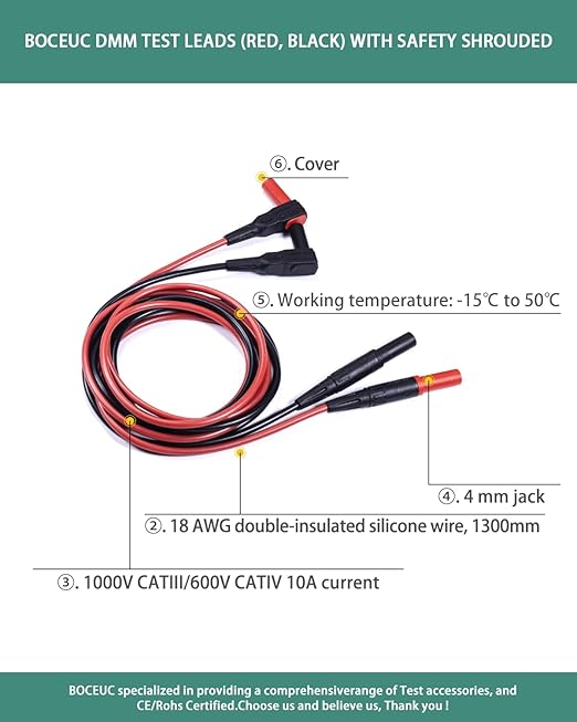 Silicone Test Lead Set Multimeter Insulated Test Leads Extension CAT III, CAT IV, 10A