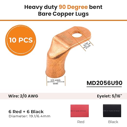 SELTERM 10pcs - 2/0 AWG 5/16" Stud 90° Bent Battery Lugs - Ring Terminal Connectors with 12pcs 3:1 Black & Red 3/4" Heat Shrink Tubing - Heavy Duty Battery Cable Ends - Bare Copper Wire Connectors Kit