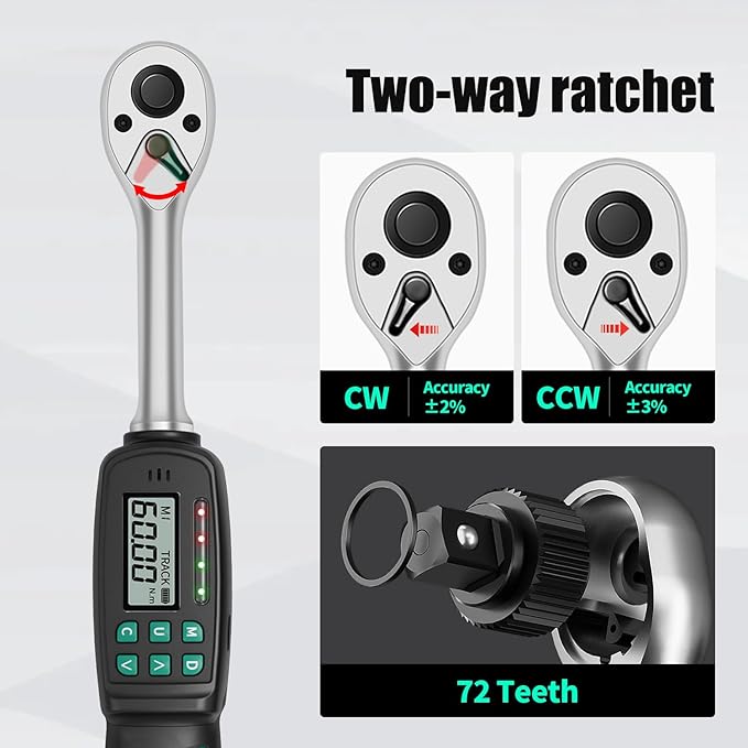 Precision 3/8" Digital Torque Wrench with ±2% Accuracy for Spark Plug, Carbon Bike & Motorcycle (2.2-44 ft-lb / 3-60 Nm) - Over-Torque Alert with Buzzer/LED & Storage Case