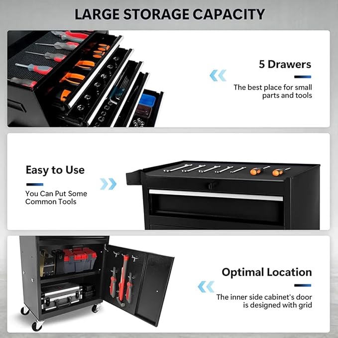 5 Drawers Rolling Tool Chest - Tool Box Organizer with Wheels and Drawers, Detachable Storage Cabinet with Lock for Garage Workshop, Black