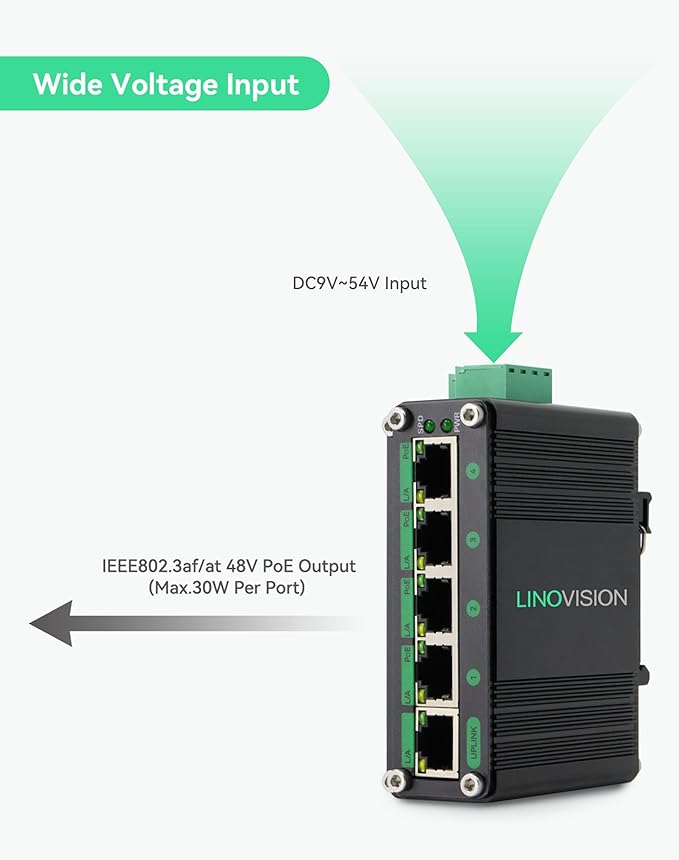LINOVISION Industrial 5 Ports Gigabit Solar POE Switch with DC9V-54V to DC48V Voltage Booster,4 x IEEE802.3af/at 30W POE Ports @120W, IP40, Compact POE Power for Solar Power/RV Truck/VoIP Systems