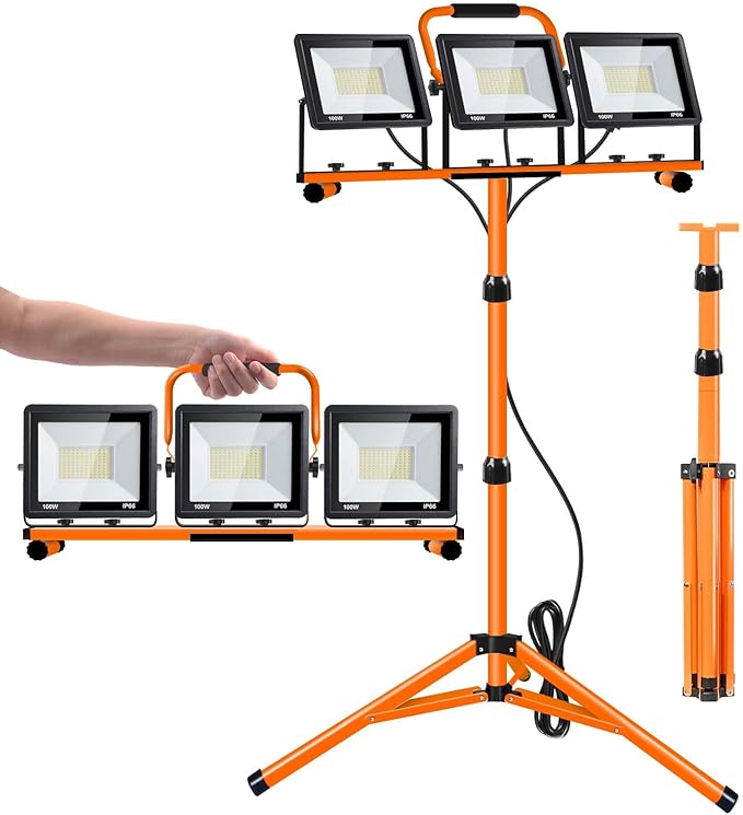 21000 Lumen Work Lights with Stand, 3 Adjustable Head LED Work Light, with Adjustable and Foldable Tripod Stand, Waterproof Lamp with Individual Switch with 6500 Kelvin Color Temperature