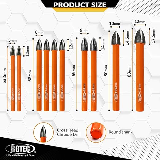 Carbide Tip Drill Bit-BGTEC Wood Drill Bits, 10pcs Round Shank 3/16"*2+1/4"*4+5/16"*2+3/8"+1/2" Cross Hard Alloy Drill Bits for Wood Plastic Masonry Brick