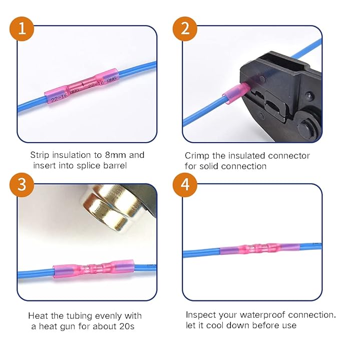 Heat Shrink Butt Connectors, 26-24 AWG Marine Grade Insulated Crimp Wire Connectors, Waterproof Electrical Connectors Butt Splice for Boat Truck Wiring