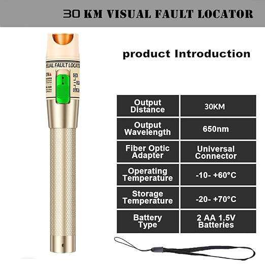 Visual Fault Locator,30-50KM Fiber Optic Cable Tester Meter, VFL Red Light Pen Light Source Testers (Golden)