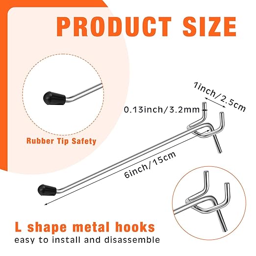 Tatuo 200 Pcs Pegboard Hooks Galvanized Metal Pegs with Rubber Tip Fit 1/4" 1/8" for Garage Store Wall Tool Organization Display(6 Inch)