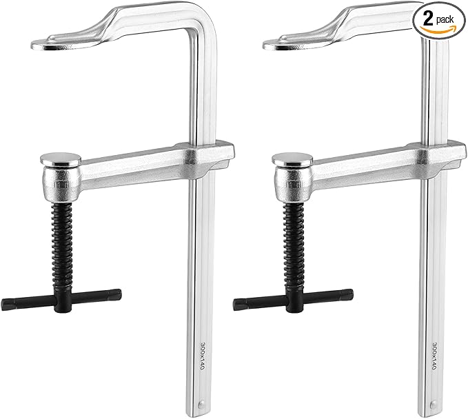 QWORK 12" Heavy Duty F Clamp, 2 Pack Drop-forged Bar Clamp, 5-1/2 Inch Throat Depth, Professional Forging Jaws, Rail, Spindle and Handle