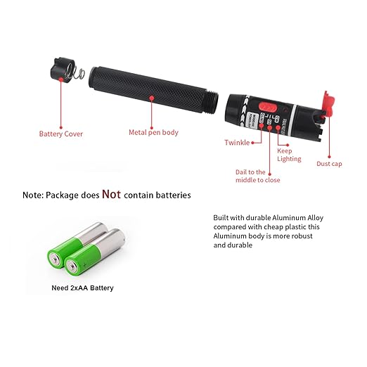 1pc Fiber Optic Visual Fault Locator VFL Fiber Optic Cable Tester with 1pcs Singlemode 9/125um FC Male to LC Female Adapter, Red Switch (Mode Number: VFL-50)