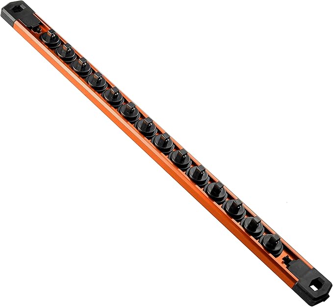 Magnetic Socket Organizer, 1-Piece Heavty Duty Aluminum Socket Holder, Socket Rail for Tool Box, Premium Quality 360° Swivel Socket Rack with 14 Clips for 1/4-Inch(Orange)