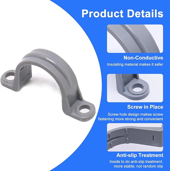 3/4 Inch PVC Pipe Strap, 2-Holes Conduit Pipe Clamps Plastic Pipe Supports (Grey, 20 Pcs)