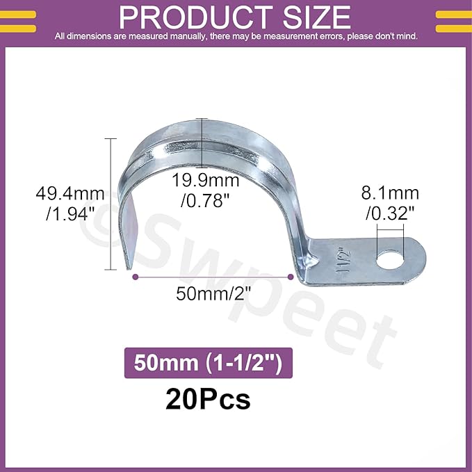 Swpeet 20Pcs 2"(50mm) Zinc Plated One Hole EMT Pipe Strap Kit, Pipe Straps U Bracket Tube Strap Pipe Clamp 1 Hole Snap On Pipe Strap Conduit Clamps Tension Clips for Fixing EMT Conduit Pipe