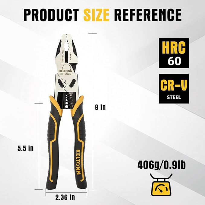 Combination Pliers Wire Stripper Crimper Cutter Linesman Tool, 9" 6-in-1 Heavy Duty Cr-V Steel Pliers for Gripping, Stripping, Crimping, Electrical Work