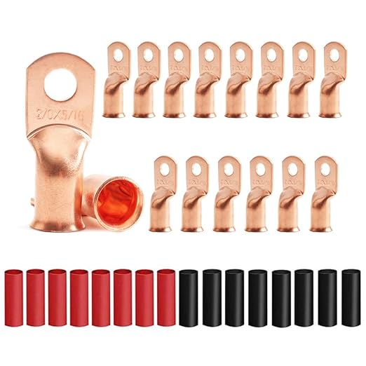 16Pcs 2/0 AWG 5/16" Stud Heavy Duty Copper Wire Lugs with 16Pcs Heat Shrink Tubing 2/0 Gauge Ring Terminals Battery Cable Ends Bare Copper Eyelets Tubular Ring Terminal for Car Boat Marine