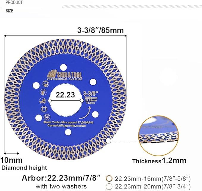 SHDIATOOL 3-3/8 Inch Diamond Saw Blade Cutting Porcelain Tile Ceramic Granite Marble Brick