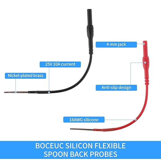 2 PCS Spoon Back Probe, Silicon Flexible Test Back Probe Pins Bendable Spoon Multimeter Test Extention Power Probes Compatible with 4mm Banana Plug for Wire Piercing Car Repairing Electrical Testing