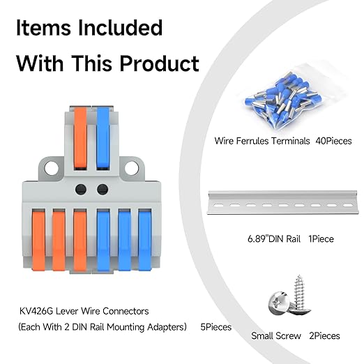 5Pcs Lever Wire Connectors, 2 in 6 Out, Push-in, 4-2.5 mm² Quick Wiring DIN Terminal Blocks, 40Pcs Wire Ferrules Terminals & 6.89 Inch DIN Rail Included
