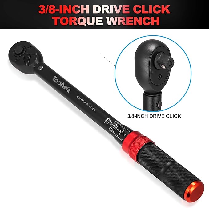 Toolwiz 3/8-Inch Drive Click Torque Wrench 5-45 Ft-Lb/6.8-61 Nm, ±3% High Accuracy Dual Direction Adjustable 72 Tooth Torque Wrenches Tool for Bike, Motorcycle, MTB, Car Repair