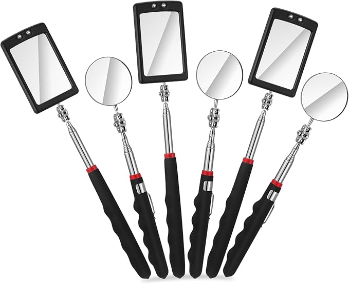 6 Pcs Telescoping Inspection Mirror,Retractable Round Mechanical Mirror Tool,Under Vehicle Square Inspection Mirror,Car Visual Reflector,Retractable Detection Mirror Repair Tool
