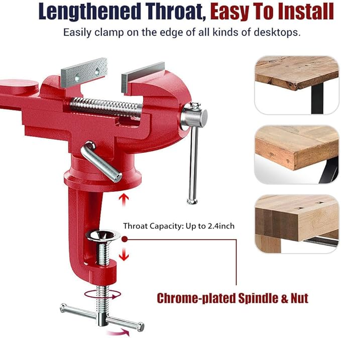 Nuovoware Table Vise 3 Inch, 360° Swivel Base Universal Home Vise Portable Bench Clamp, Clamp-on Vise Bench Clamps Fixed Tool for Woodworking, Metalworking, Cutting Conduit, Drilling, Sawing, Red