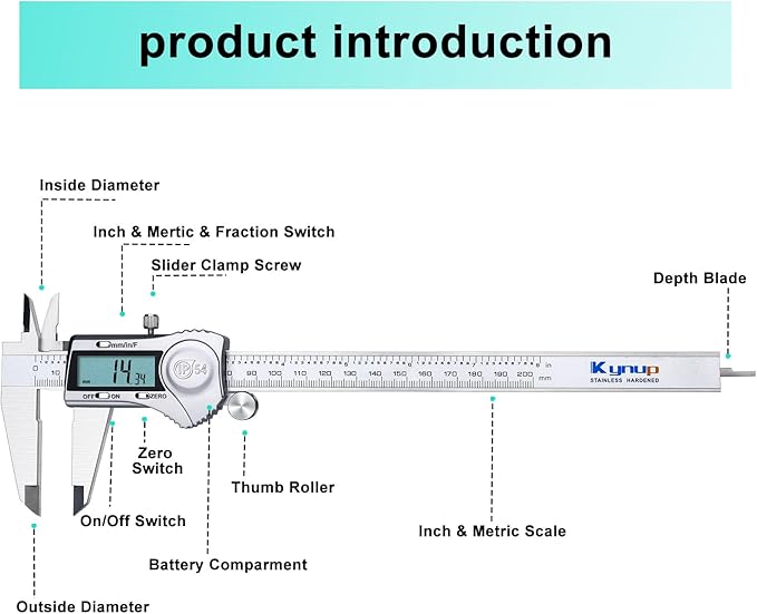 Kynup Digital Caliper, 8 Inch Caliper Measuring Tool with Stainless Steel, IP54 Splash Proof Protection Design, Easy Switch from Inch Metric Fraction, Large LCD Screen (200mm)