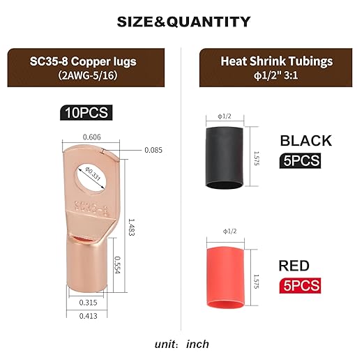 Thick Copper Electric Wire Lugs,10Pcs Bare Copper Gauge 2Awg-5/16(M8) Ring Heavy Duty Battery Cable Lugs Ends Ring Terminals Connectors with 10Pcs 3:1 Heat Shrink Tubing Assortment Kit