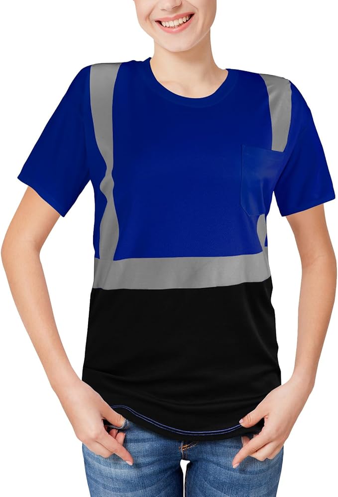 High Visibility Shirts Quick Dry Safety T Shirts with Reflective Strips and Pocket Short Sleeve Mesh Hi Vis Construction Work Class 2 Shirt for Men/Women Black Bottom Blue,Medium