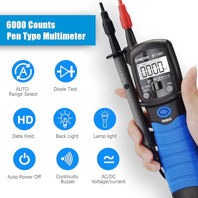 Pen Type Digital Multimeter - BTMETER BT-38C AC DC 600V High Voltage Tester, 60M Ohm Resistance Meter, with Capacitance Diode Test, Continuity Alarm, Backlit LCD Screen, Lamp Light