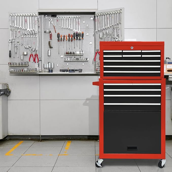 13 Drawers Tool Chest with Wheels,Large Capacity Tool Storage Cabinet with Tool Box, Locking Mechanical Tool Cart with Liner,Suitable for Garages, Warehouses-Black&Red