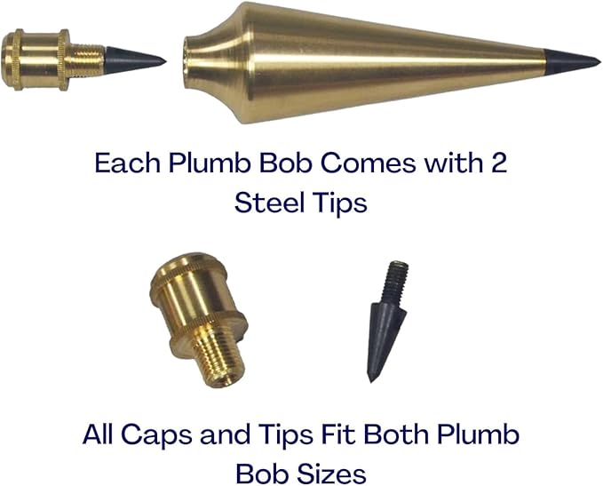 Solid Brass Plumb Bob, Brass Construction, Stainless Steel Point, Professional Centering Tool, Replaceable Tip (16oz)