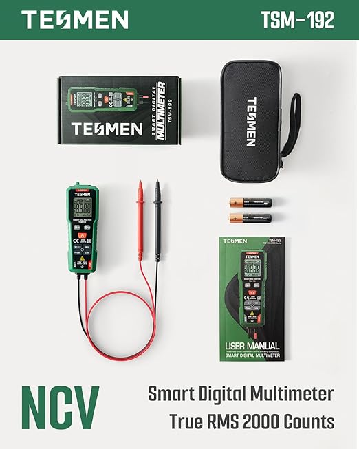 TESMEN TSM-192 Handheld Digital Multimeter, Voltage Tester with Leads, Voltmeter Measures Phase, NCV, AC/DC Voltage, Resistance, Continuity & Live Wire for Automotive Testing, Household-Green