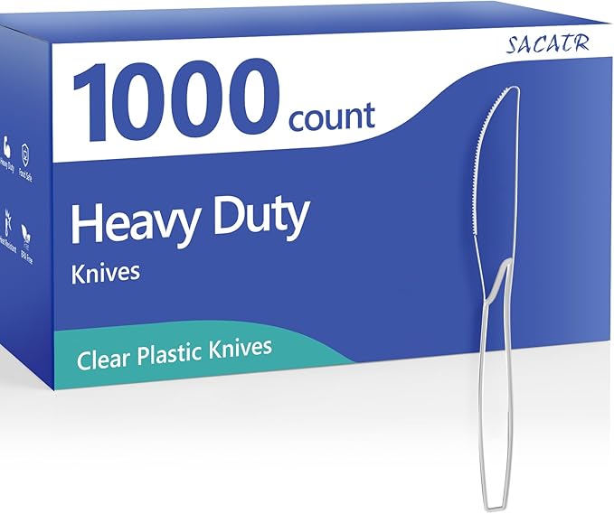 SACATR 1000 Count Heavy Duty Plastic Knives Disposable, BPA-Free Clear Plastic Knives Bulk – Extra Thick, Heat Resistant, for Catering, Parties, Events